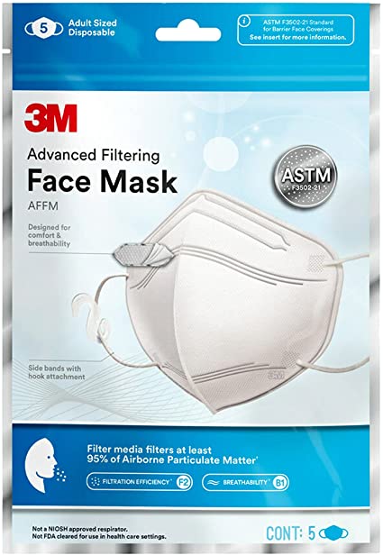 3M Advanced Filtering Face Mask, AFFM-5, One Size, 5-Pack