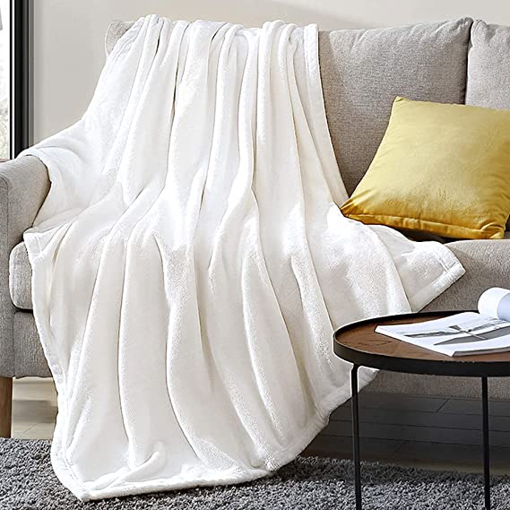 Hansleep Flannel Fleece Throw Blanket Throw Size, Super Soft Fluffy Bed Plush Blanket Throw, Luxury Fuzzy Cozy Couch Blanket for All Seasons (White, Throw 50x65)