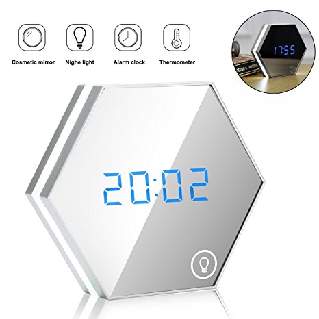 HENGQIANG Multi-function Mirror Alarm Clock(24H Only) Portable Make Up Mirror Clock Led Digital Alarm Clock with Time/Alarm/Temperature Display Desk or Room Decoration Travel Alarm Clock