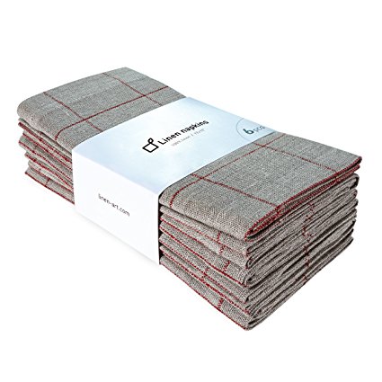 100% linen napkins. Set of 6 cloth napkins handcrafted from eco-friendly pure linen fabric. Perfect for lunch and dinner. 6-Pack, 17x17 Inch. (Plaid)