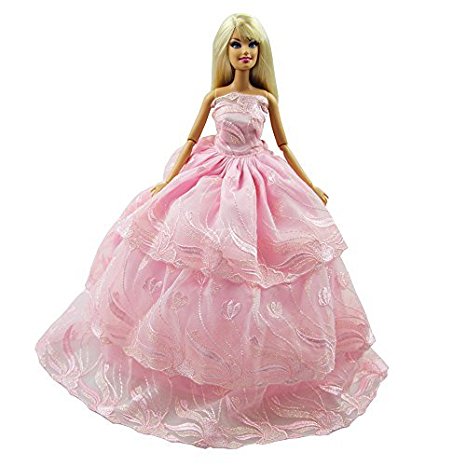 Handmade Quality Multi-layer Princess Wedding Party Gown Dress for Barbie Clothes Gift- PINK COLOR XMAS GIFT