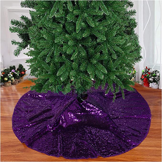 Christmas Tree Skirt Purple Sequin Tree Skirt Xmas Pine Tree Ornaments 24-Inch Artificial Christmas Pine Tree Skirt Holiday Decor