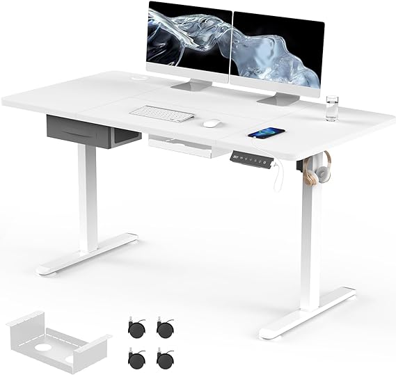 Flamaker Standing Desk 140x70cm with USB Charging Port, Sit Stand Reminder Desk Height Adjustable Electric Desk Home Office Desk with Cable Management Tray and Wheels, White Desktop White Frame