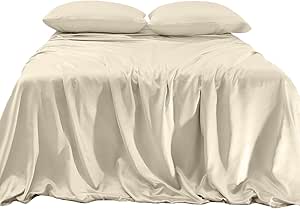 Elegant Comfort Luxurious 4-Piece Silky Satin Sheet Set, Skin and Hair Friendly, Wrinkle, Fade, Stain Resistant with Deep Pockets Fitted Sheet, Cooling Soft Satin Sheet Set, Queen, Cream