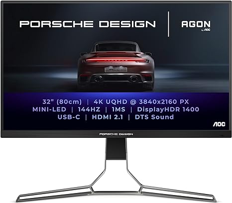 AOC AGON Porsche Design PD32M - 32 Inch 4K UHD Monitor, 144Hz, IPS, 1ms GTG, Light FX, Mini LED UHD, Speakers (3840 x 2160 @ 144Hz, HDR 1400, HDMI 2.1 / USB-C 3.2 / DP 1.4)