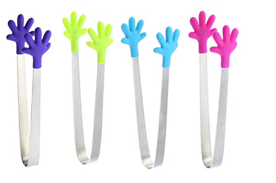 HOSL Mini Tongs With Soft Silicone Hand Shape Tips For Muffins, Pancakes, Cookies, Chocolate 4 Pack