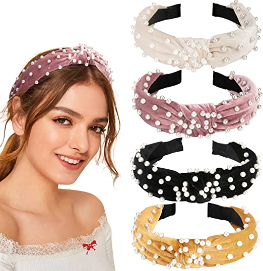 Allucho Headbands for Women Girls, Fashion Headbands Velvet Wide Headbands with Pearls Knot Turban Hairband Beaded Headbands Accessories for Women and Girls, Great Christmas Gift