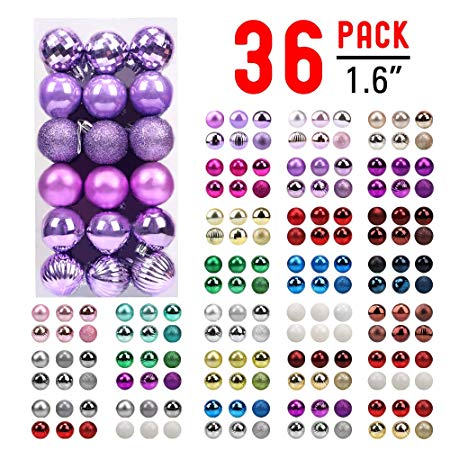 walsport Christmas Balls Ornaments for Xmas Tree - 36ct Plastic Shatterproof Baubles Colored and Glitter Christmas Party Decoration 1.6inch Set (Iris Purple)