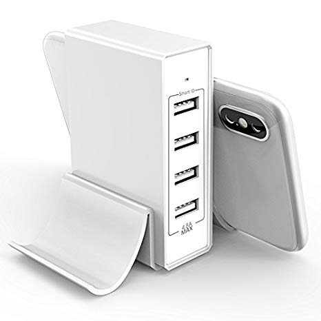 4-Port USB Charger Desktop Charger Charging Station with Phone Holder Double Stand for iPhone X/8/7/6S/6S Plus, iPad Pro/Air 2/mini2, Samsung Galaxy/Note, LG, Nexus, HTC and More