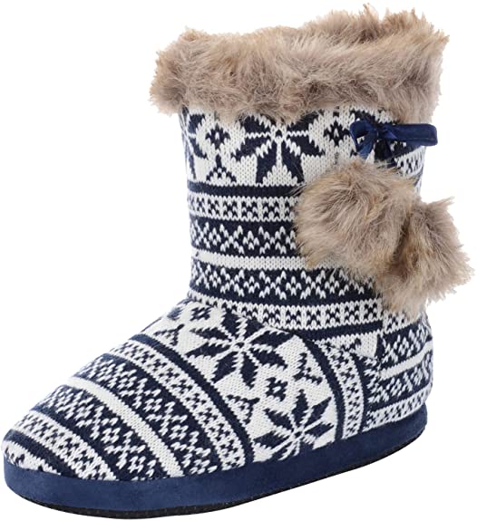 Autumn Faith Ladies Knitted Fairisle Lined Bootie Slippers with Cosy Faux Fur Trim & Pompoms