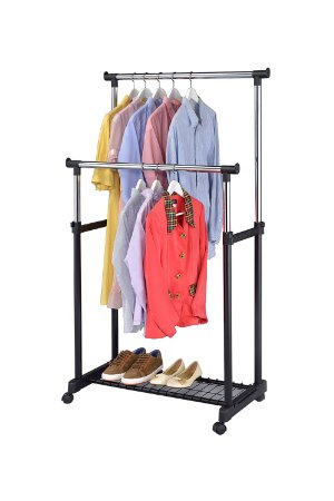 Finnhomy Double Rail Adjustable Rolling Garment Rack with Bottom Shelf,Metal Hanging Clothes Stand, Free Standing Portable Hanger on Wheels, Thicken Steel Tube Chrome/Black