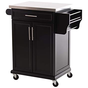 HOMCOM Wood Stainless Steel Rolling Kitchen Island Utility Storage Cart on Wheels - Black