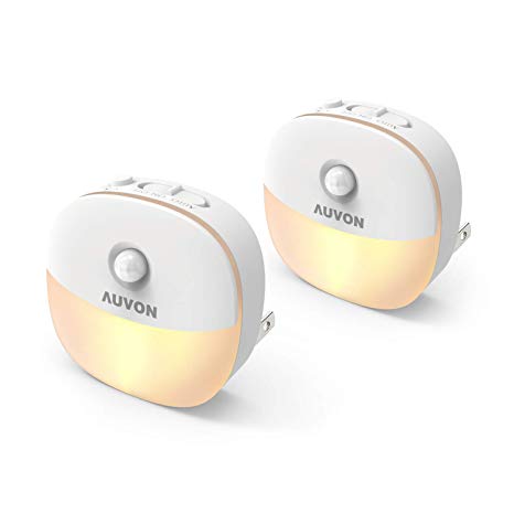 AUVON Plug-in LED Motion Sensor Night Light, Warm White LED Nightlight with Dusk to Dawn Sensor, Motion Sensor, Adjustable Brightness for Bedroom, Bathroom, Kitchen, Hallway, Stairs (2 Pack)