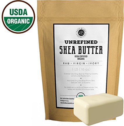 Raw Shea Butter (1 LB), USDA Certified Organic, Unrefined, Natural, Creamy, African Butter, Fair Trade. Lotions, Soap, Conditioner, Eczema & Stretch Marks Products, Hand Cream, Body, Lip Balm (1 LB)