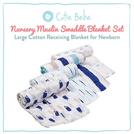 Cutie Bebe Nursery Muslin Swaddle Blanket Set- Large Cotton Receiving Blanket for Newborn, Baby Girl or Boy Unisex, 47" x 47" (4 Pack, Nautical)
