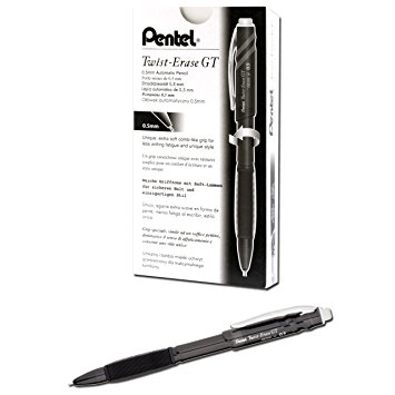 Pentel Twist-Erase GT, 0.5mm, Mechanical Pencil Transparent Black barrel, Box of 12 (QE205A)