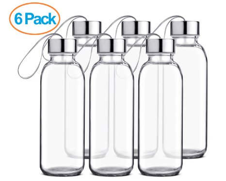 Chef's Star Glass water Bottle 6 Pack 16oz Bottles For Beverage and Juice, Stainless Steel Caps with Carrying Loop