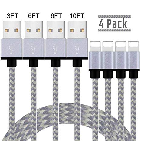 iPhone Charger,MFi Certified Lightning Cable,4 Pack(3/6/6/10 FT) Extra Long Nylon Braided Charging&Syncing Cord Compatible with iPhone Xs/XS Max//XRX/7/7Plus/8/8Plus/6S/6SPlus/5/Ipad (White Grey)