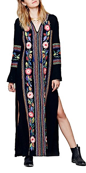 R.Vivimos Women Cotton 3/4 Sleeve V Neck Side Split Long Dresses   Lining 2 Piece