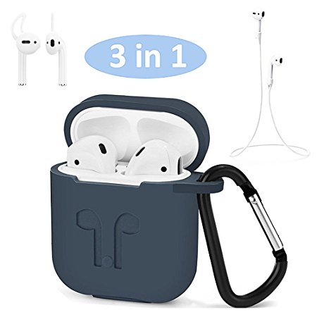 Airpods Case, Airpods Strap, Airpods Ear Hooks, Airpods Silicone Protective Cover with Earphone Sports Anti-lost Strap with Silicone Protective Earhooks, Airpods Replacement Accessories (Dark Blue)