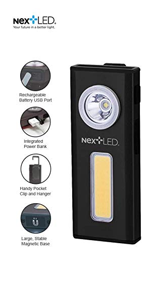 NextLED 500 Lumen Rechargeable Work Light COB LED with Magnetic Base and Hanging Hook, Durable Pocket-Sized Flashlight/Task Light, IPX4 Waterproof, Power Bank Function