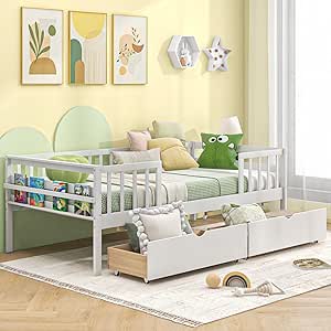 Giantex Twin Daybed with Drawers, Wooden Twin Bed Frame with Side Storage & Slats Support, Montessori Bed for Boys, Girls, Kids Bed for Bedroom, Living Room, No Box Spring Needed, White (Open Frame)