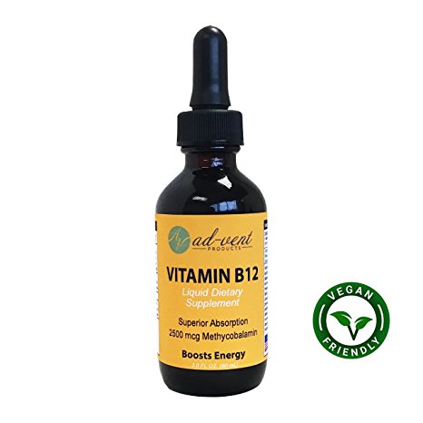 Vitamin B12 Liquid Drops - Boost Energy Levels And Speeds Up Metabolism - Sublingual - 2500mcg Methylcobalamin Vegan Friendly for adults & Children Non GMO - Superior Absorption 95% better than Pills