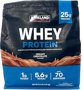 Kirkland Signature Whey 25g Protein,1g sugar,5.6g BCAAs,about 70 Servings Creamy Chocolate Flavorted