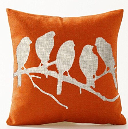 Birds in Tree Branch Orange Ground Cotton Linen Throw Pillow Case Cushion Cover Home Office Sofa Car Indoor Decorative Square 18 X 18 Inches