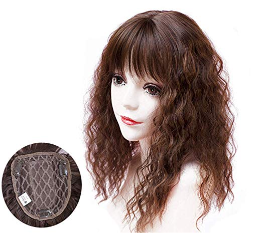 Crown Topper Hairpieces with Bangs for Women, Clip on Curly Wavy Synthetic Top Wiglet Hairpieces for Thinning Hair (14" Thin Light Brown)