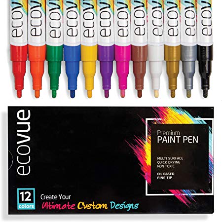 Vibrant Paint Pens 12 Bold Colors in Vivid, Permanent, Fast Drying, Waterproof Ink | Multi Surface Paint Markers for Rocks, Ceramic Mugs, Wine Glass Deco Art, Wood, Clay (Oil Based - Fine Tip)