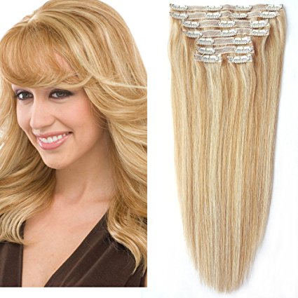 Re4U 18" #27/613 Real Human Hair Clip in Remy Hair Extensions Strawberry Blonde 100 grams 8 pieces