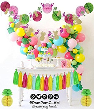 THE COMPLETE Tropical Pink Flamingo Pineapple Party Decorations Supplies Kit for Birthday, Bridal & Baby Shower Themed Moana Luau Hawaiian Beach Pool Summer - PREMIUM Quality By PomPomGLAM