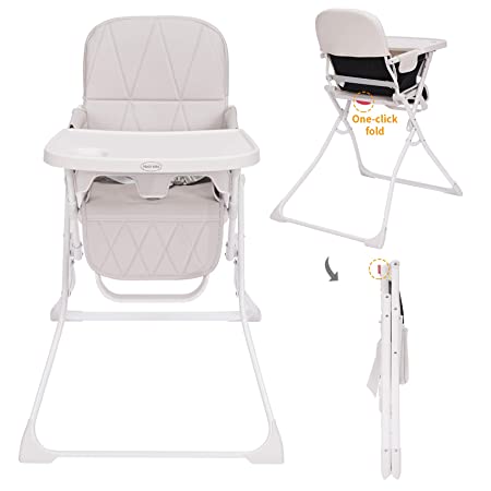 HAN-MM Baby Folding High Chair, One Click fold, Save Space, Small Apartment, Infant Chair, Removable Tray, Dishwasher Safe Tray, Car Travelling, Portable High Chair Premium Leatherette,Light Gray