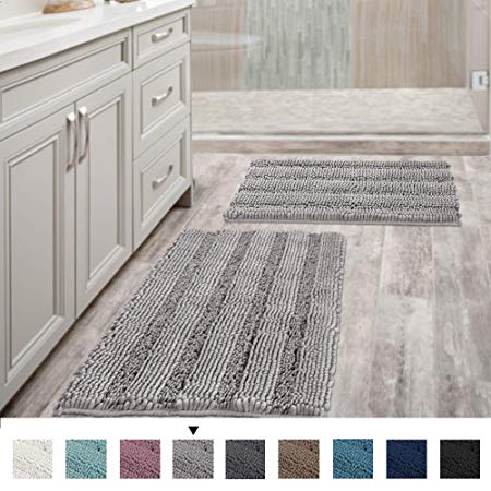 Non Slip Thick Shaggy Chenille Bathroom Rugs Soft Bath Mats for Bathroom Extra Absorbent Floor Mats Bath Rugs Set for Kitchen/Living Room (Set of 2, 20" x 32"/17" x 24", Dove)