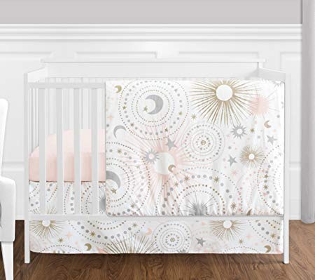 Sweet JoJo Designs 4 Piece Blush Pink, Gold, Grey and White Star and Moon Celestial Baby Girl Crib Bedding Set Without Bumper
