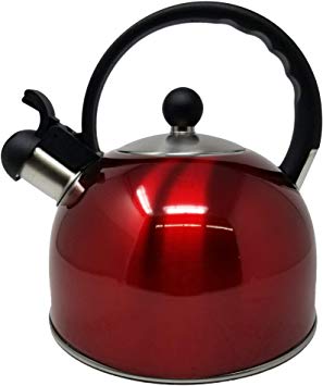2.5 Liter Whistling Tea Kettle Modern  Red Stainless Steel Whistling Tea Pot for Stovetop with Cool Grip Ergonomic Handle by Elevate Home Products (Red)