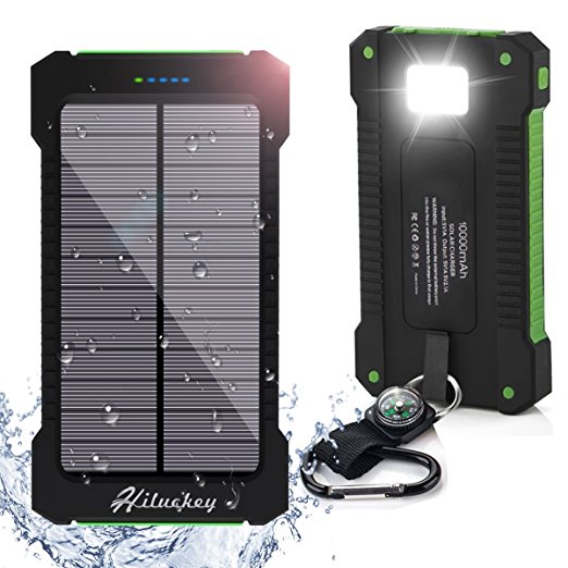 Portable Power Bank 10000mAh Hiluckey Dual USB Solar Charger panel External Battery Pack with LED Flashlight Quick Charge for iPhone, iPad, Samsung Android Smart Phone and Tablets (Waterproof & Dust-proof & Shock-resistant)
