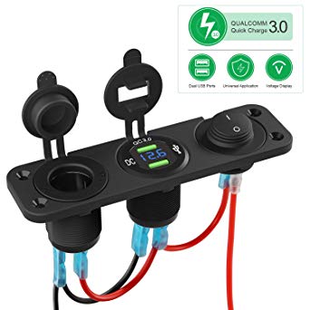 Kohree 12V Cigarette Lighter Socket Splitter, Waterproof Dual QC3.0 USB Charging Port 12 Volt Power Outlet with LED Display 3 in 1 Charging Panel for Car Boat RV Marine Scooter Truck Vehicles