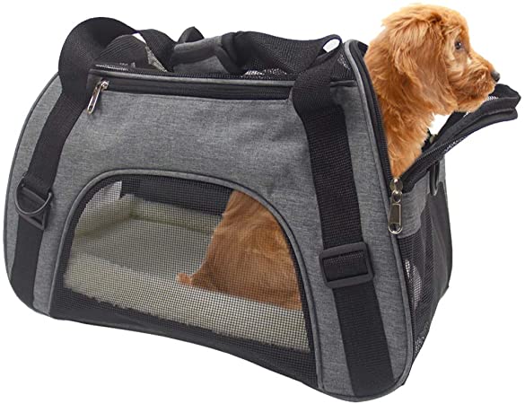 EVELTEK Soft Side Pet Carrier Travel Bag Small Dogs, Medium Sized Cats Rabbits, Comes Shoulder Strap, Safety Buckle Zippers, Newly Designed (M,Grey)