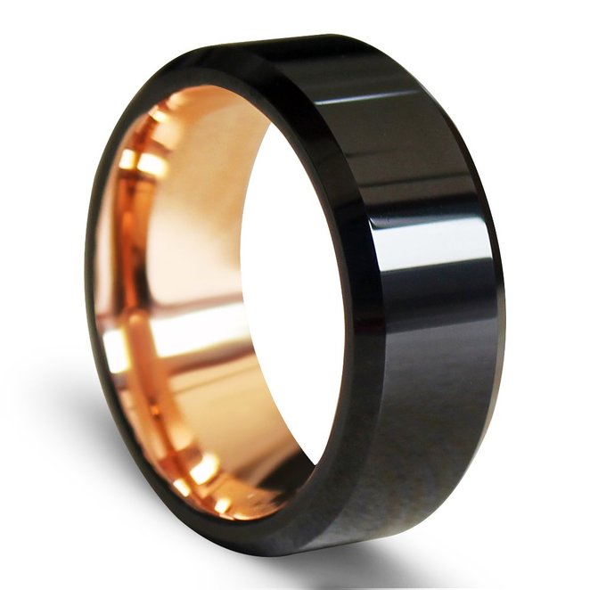EZreal Black Beveled Tungsten Carbide Rings with Comfort Fit Rose Gold Plated Interior 8mm Men's Wedding Bands Top Polish Finished Rose Gold Engagement Rings for Women Promise Rings for Her Unique Wedding Rings