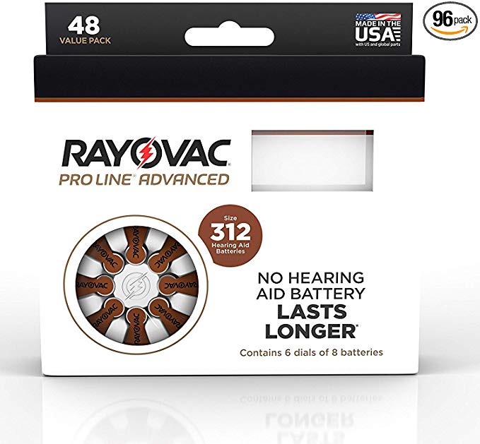 Rayovac Mercury Free Proline Advanced Size 312 Hearing Aid Batteries, Total of 96 Batteries