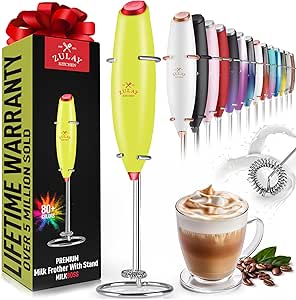 Zulay Powerful Milk Frother Handheld Foam Maker for Lattes - Whisk Drink Mixer for Coffee, Mini Foamer for Cappuccino, Frappe, Matcha, Hot Chocolate by Milk Boss (Lime/Red)