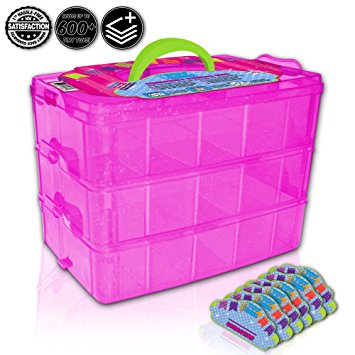 Holds 600 - Tiny Toy Box Shopkins Storage Case Organizer Container - Stackable Collectors Carrying Tote Compatible With Mini Toys Colleggbles LoL Fash'ems Tsum Tsum Hot (Pink Sparkle/Green)