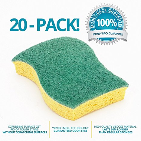 STK 20-Pack Multi-Use Heavy Duty Scrub Sponge-Never Smell Technology Viscose Sponges-100% Biodegradable & Eco Friendly-Kitchen-Bathroom-Car-Individually Wrapped