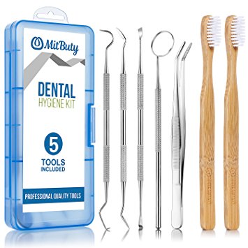 Dental Hygiene Tools Kit & 2pcs Bamboo Toothbrush – Professional Stainless Steel Dentist Instrument Set Includes Month Mirror|Dental Pick|Sickle Scaler|Tartar Remover|Tweezers – Pet-Friendly