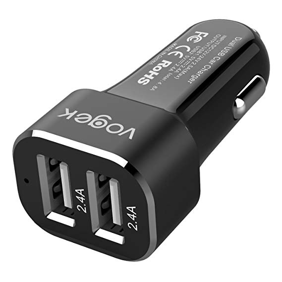 Car Charger, Vogek 4.8A 24W Dual USB Car Charger with Smart Identification for iPhone X, 8, 7/6s/Plus, iPad Pro/Air 2/mini, Galaxy S8/S7/S6/Edge/Plus, Note 5/4 - Black