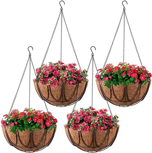 MICGEEK 4 Pack Metal Hanging Planter Basket with Coco Liner, 12 inches Metal Hanging Basket for Flower, Coco Liners for Plants, Hanging Basket for Plants, Garden, Outdoor, Indoor -HB02 (12 in)