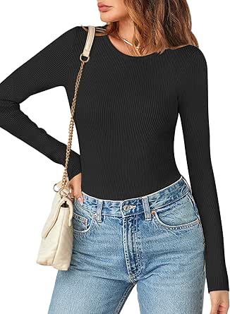 MEROKEETY Women's Long Sleeve Ribbed Bodysuits Crew Neck Slim Body Suits 2024 Knit Sweater Tops