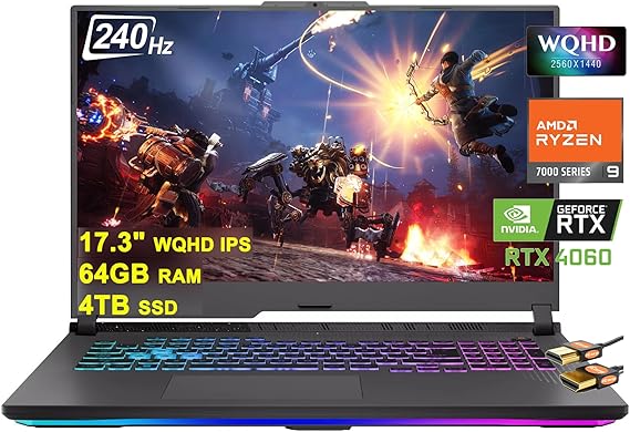 Asus ROG Strix G17 G713 Gaming Laptop 17.3" WQHD IPS 240Hz AMD 12-Core Ryzen 9 7845HX (Beat i9-12900H) 64GB RAM 4TB SSD GeForce RTX 4060 8GB USB-C RGB Backlit Fast Charging Win11 Black   HDMI Cable